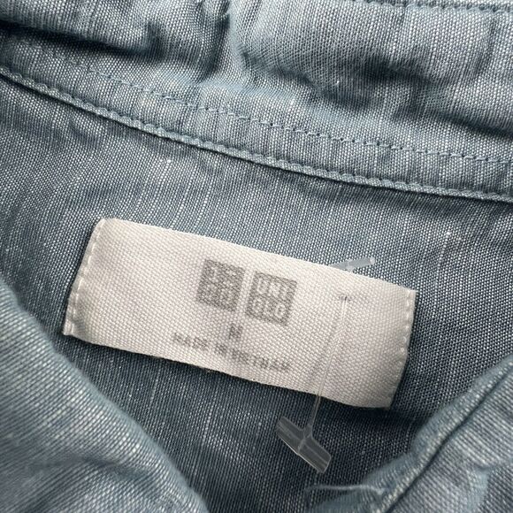 Uniqlo Shirt Adult Medium Blue Button Up Short Sleeve Linen Casual Men's - Picture 9 of 14